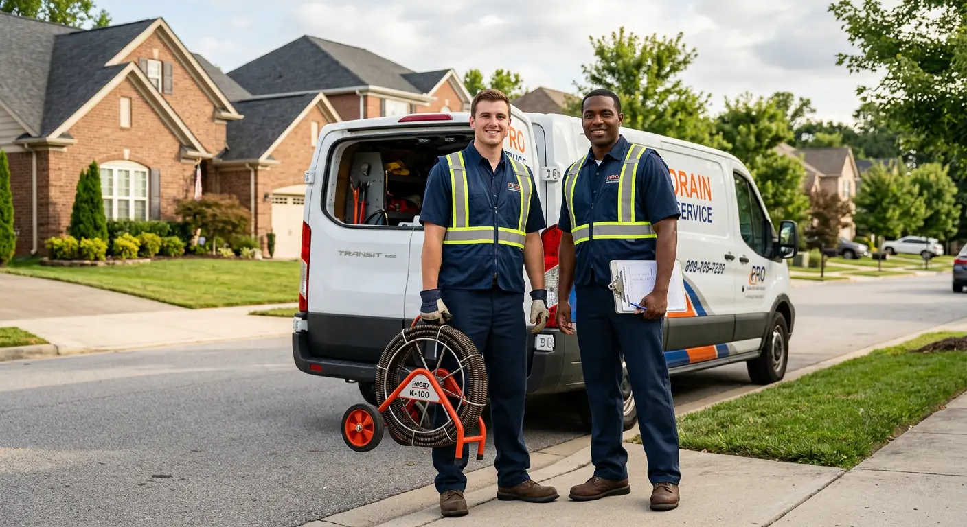 Sewer and drain service team with equipment ready for work in Minden