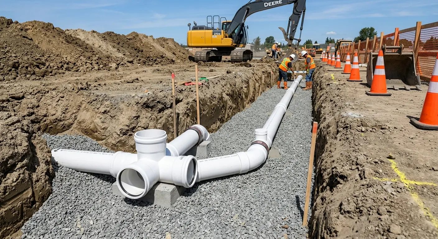 New PVC sewer pipe installation in open trench for Sewer Backup in Minden