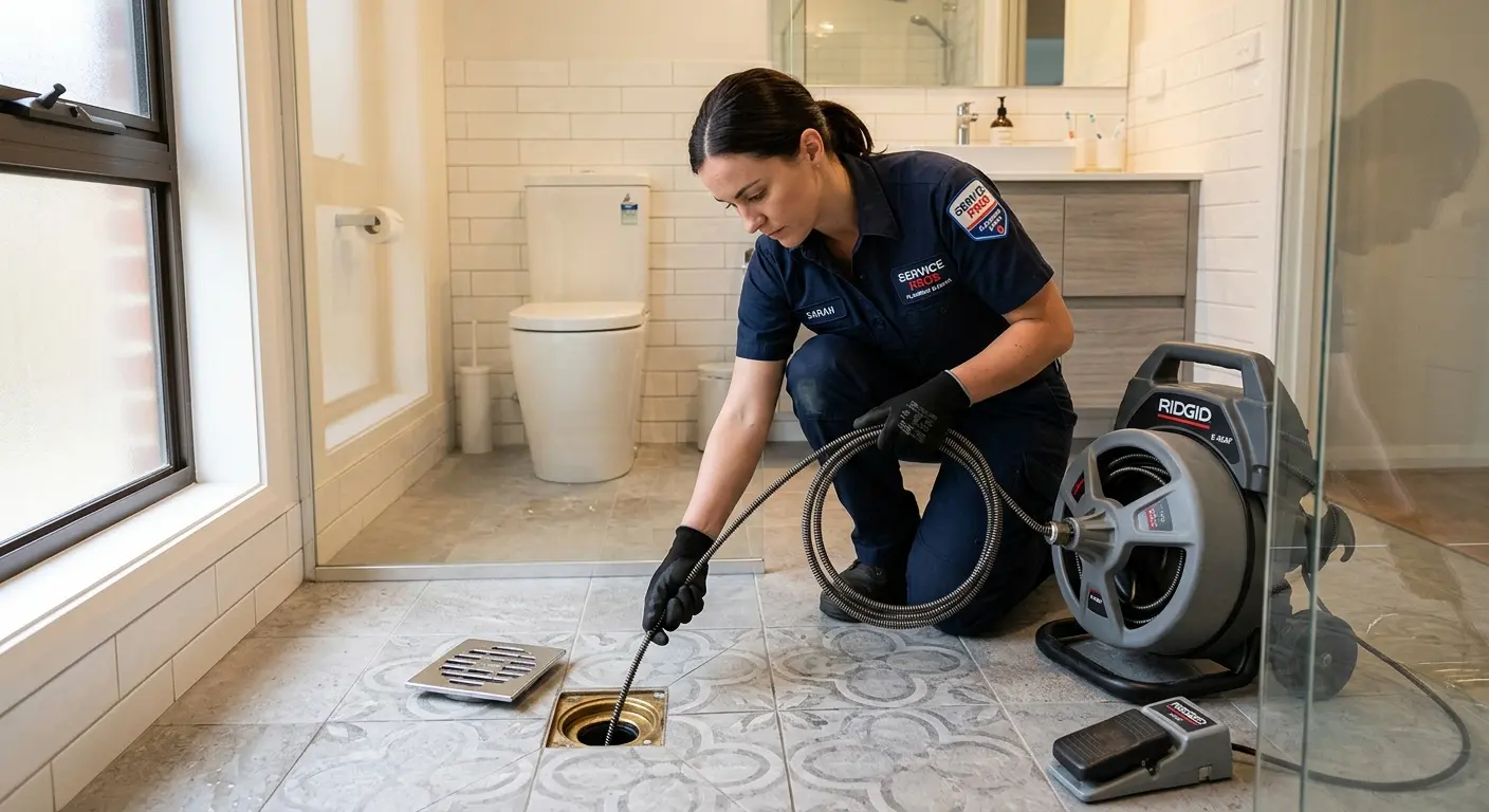 Technician clearing a bathroom floor drain for Hydro Jetting in Minden